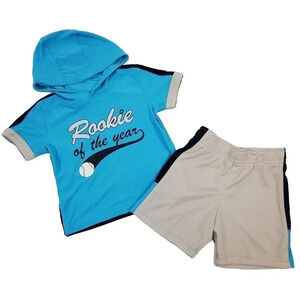3-6m Boys ROOKIE OF THE YEAR Light Blue/Grey Hooded Tshirt/Shorts Athletic Set